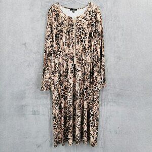 Suzanne Betro Dress 2X Brown Black Leopard Print Notch Tie Neck Bell Sleeve New